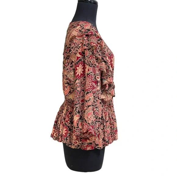 House of Harlow 1960 Jaipur Print Boho Abstract Floral Blouse Top Sz L Black Red - Picture 7 of 16